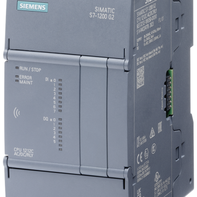 SIMATIC S7-1200 G2: Compact CPU 1212C DC/DC/DC; Power supply: DC 20.4-28.8V DC; Onboard I/O: 8x DI 24V DC; 6x DO 24V DC; Memory: Program 150 KB, Data 500 KB, Retentive 20 KB