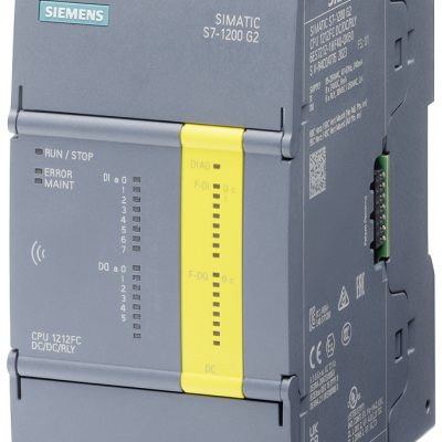 SIMATIC S7-1200 G2: Fail-safe, compact CPU 1212FC DC/DC/DC; Power supply: DC 20.4-28.8V DC; Onboard I/O: 8x DI 24V DC; 6x DO 24V DC; Memory: Program 200 KB, Data: 500 KB, Retained after power loss: 20 KB