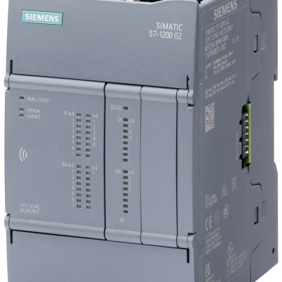 SIMATIC S7-1200 G2: Compact CPU 1214C AC/DC/RLY; Power supply: AC 47-63Hz, 85-264V AC; Onboard I/O: 14x DI 24V DC; 10 DO relay 2A; Memory: Program 250 KB, Data: 750 KB, Retained after power loss: 20 KB
